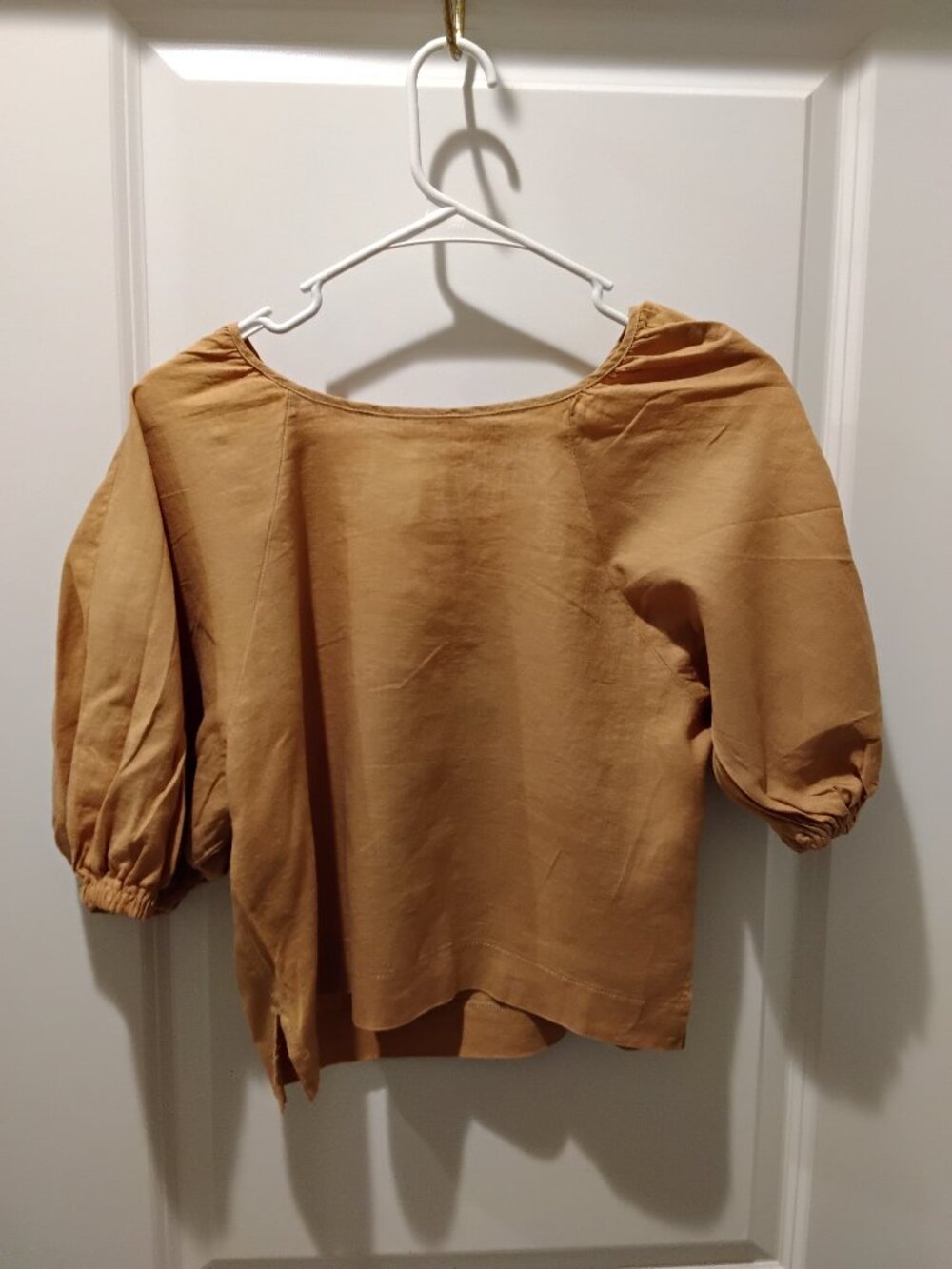 Le Blog Camel Linen Blend Puff Sleeve Blouse Open Tie Back